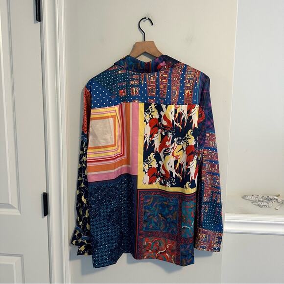 Staud Blue Red Artsy Patchwork Long Sleeve Button Front Top Blouse Medium - Picture 7 of 16